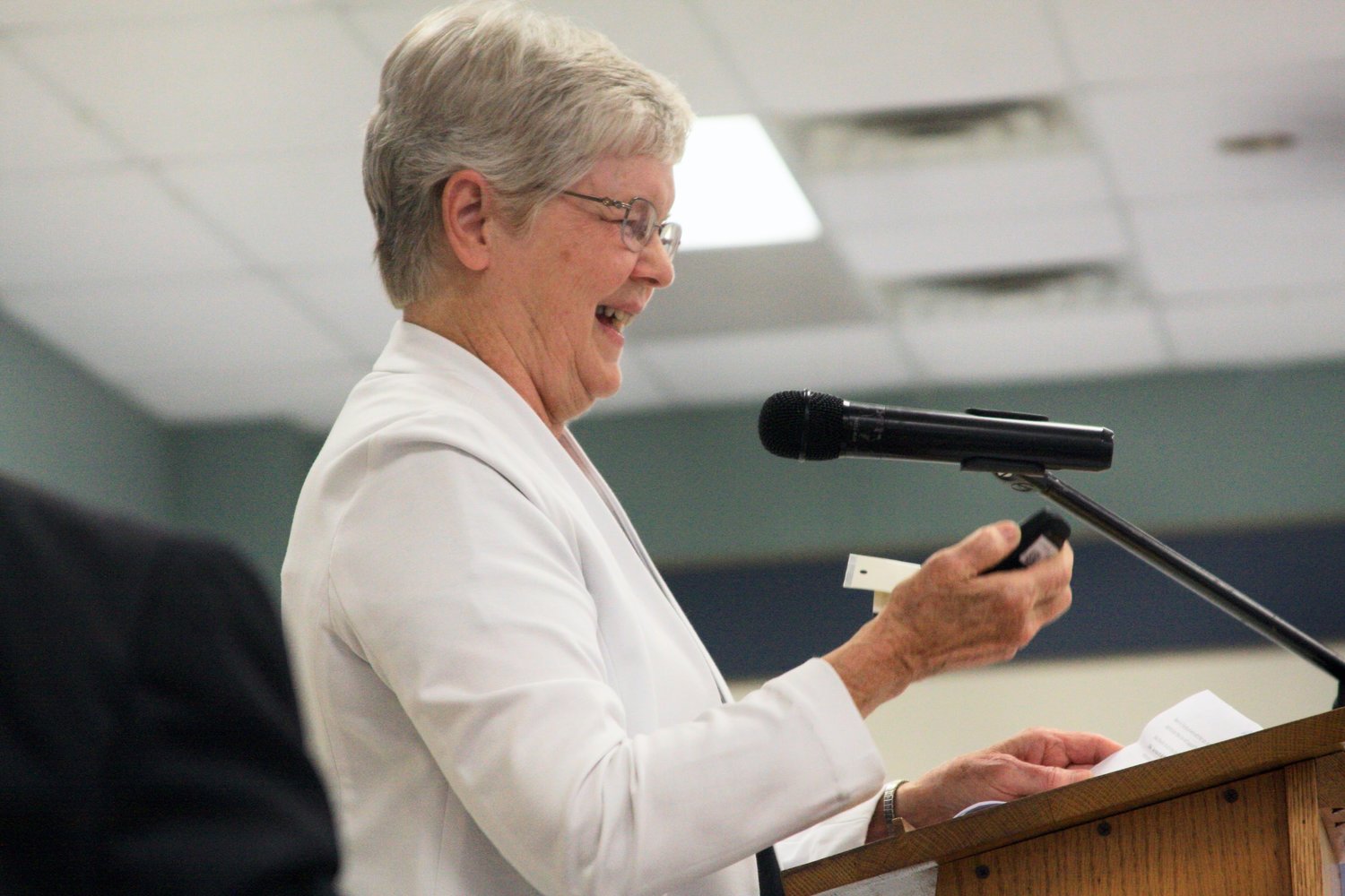 Dominican Sister Suzanne Walker offers a litany of gratitude during a celebration of her 38 years as principal of Holy Rosary School in Monroe City. Herself a graduate of the school, she will retire as principal on June 30.
